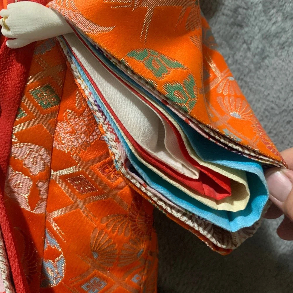 Vintage Japanese Geisha Doll Orange Silk Brocade Kimono Tatami Base 17 Inch